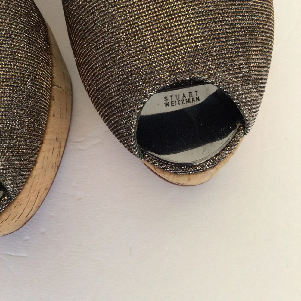 STUART WEITZMAN CORKSWOON BRONZE GLITTER CORK PLATFORM WEDGE SHOES SIZE …